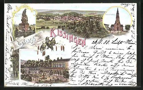Lithographie Kissingen, Colonnaden & Kkurgarten, Katholische Kirche, Trauernde Germania