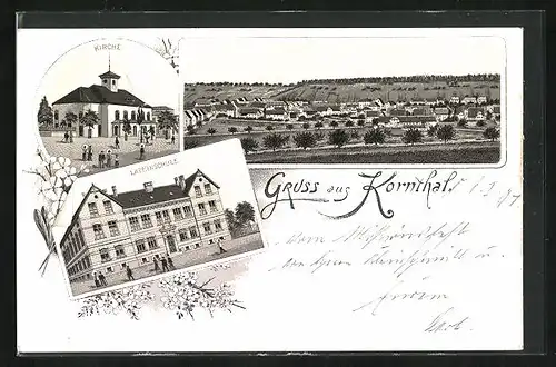Lithographie Kornthal, Lateinschule, Kirche, Panorama