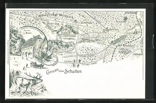 Lithographie Stuttgart, Gasthaus z. Schatten, Landkarte der Umgebung