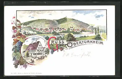 Lithographie Obertürkheim, Gasthof zum Ochsen, Ortsansicht mit Berg