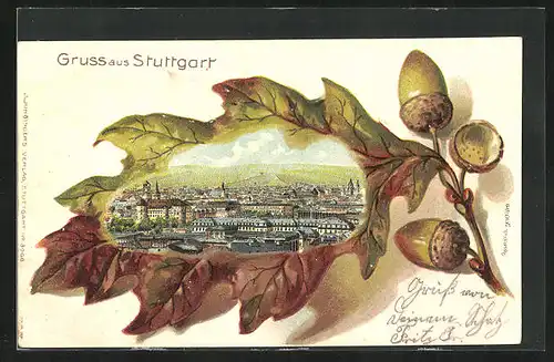 Passepartout-Lithographie Stuttgart, Eichenblatt, Ortsansicht