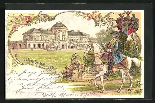 Lithographie Stuttgart, Schloss Solitude, Königlicher Gesanter auf Pferd, Wappen