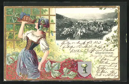 Passepartout-Lithographie Obertürkheim, Frau mit weingefülltem Korb, Ortsansicht, Wappen