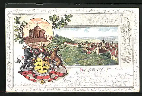 Passepartout-Lithographie Rothenberg, Ortsansicht, Wappen, Kapelle