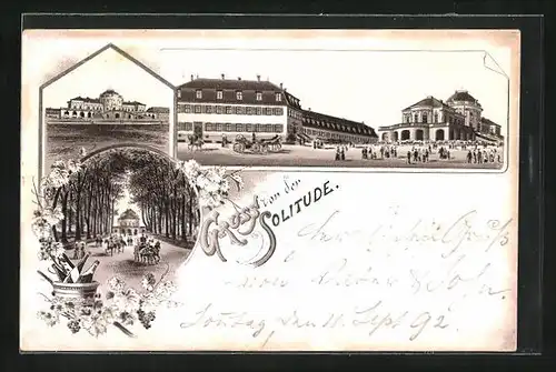 Vorläufer-Lithographie Stuttgart, 1892, Schloss Solitude, Strassenpartie mit Bäumen und Kutschen