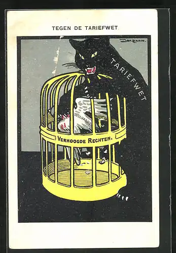 Künstler-AK Tegen de Tariefwet, Katze krallt den Vogel im Käfig, Arbeiterbewegung