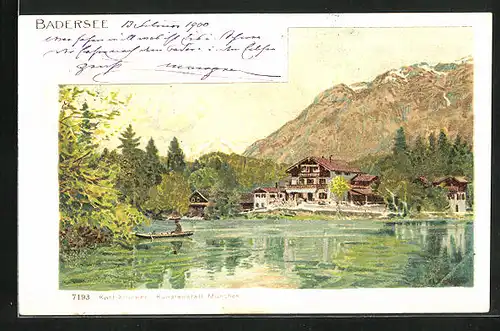 Lithographie Badersee, Gasthaus am See