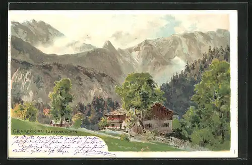 Lithographie Graseck b. Partenkirchen, Wohnhaus mit Bergpanorama
