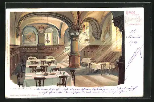 Lithographie Hamburg, Gasthaus Rathsweinkeller, Innenansicht
