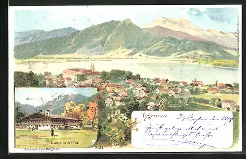 Lithographie Tegernsee, Bauer in der Au, Totalansicht mit Bergen