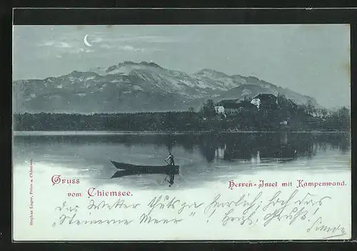 Mondschein-AK Chiemsee, Herren-Insel mit Kampenwand