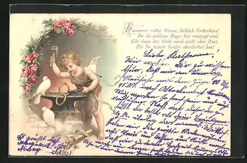 Lithographie Amor schmiedet güldene Ringe