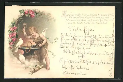 Lithographie Amor schmiedet güldene Ringe