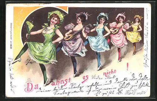 Lithographie Varietetänzerinnen mit Gitarre