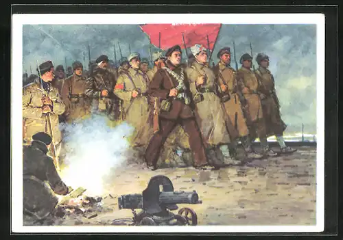 Künstler-AK Russischer Bürgerkrieg, Revolutionäre in Reih und Glied, Arbeiterbewegung, Maxim Maschinengewehr