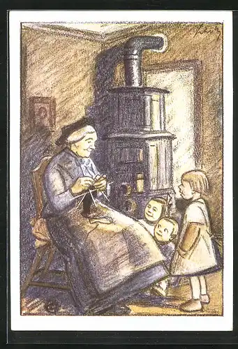 Künstler-AK Oma mit den Enkeln am Ofen