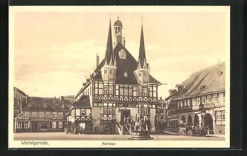 AK Wernigerode, Rathaus mit Kutsche auf Platz