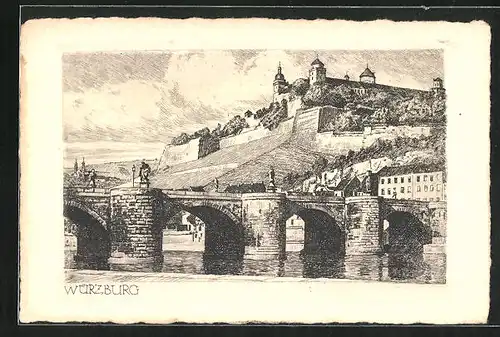 AK Würzburg, Flusspartie mit Brücke und Blick zum Schloss