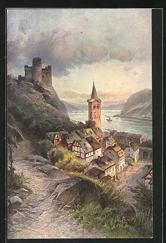 Künstler-AK St. Goarshausen, Blick auf die Burg Maus