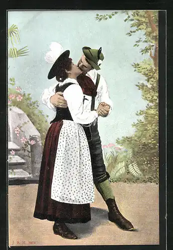 AK Liebespaar küsst sich in bayerischer Tracht