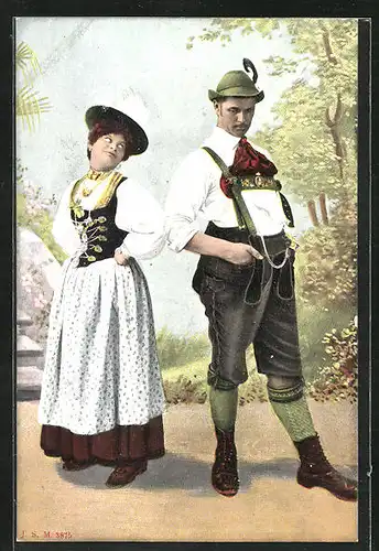 AK Beleidigter Mann mit Frau in bayerischer Tracht