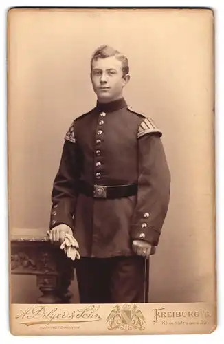 Fotografie A. Dilger & Sohn, Freiburg i. Br., Rheinstr. 30, Musiker in Uniform mit Schwalbennest