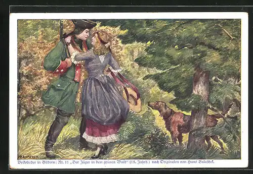 Künstler-AK Hans Baluschek: Volkslied: Der Jäger in dem grünen Wald, Jadghund