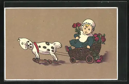AK Mädchen mit Rosen in Pferdekutsche, Spielzeug