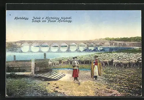 AK Ungarische Hirten und ihre Schafe am Fluss Hortobagy
