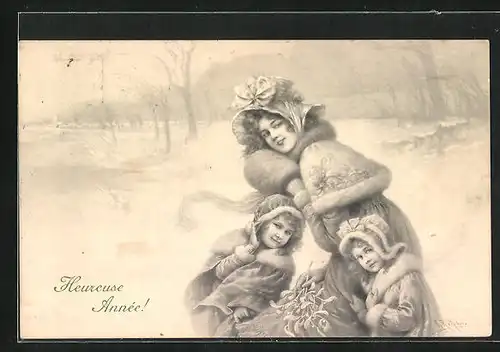 Künstler-AK Wichera: Frau und Töchter in winterkleidung mit Mistelzweig