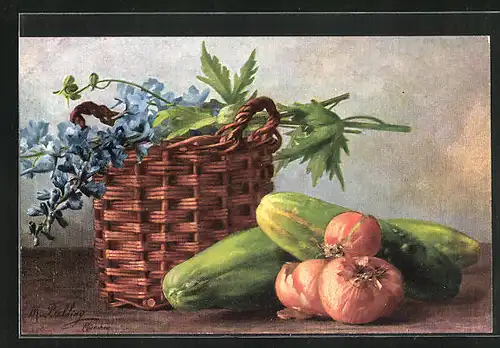 Künstler-AK M. Billing: Zwiebeln, Gurke, blau Blumen