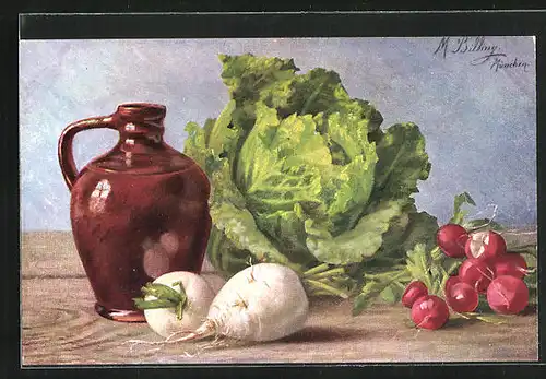 Künstler-AK M. Billing: Salatkopf, Mairübchen, Radieschen