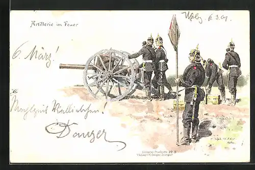 Künstler-AK Carl Becker: Artillerie im Feuer