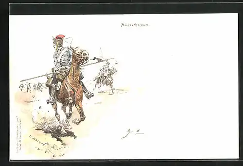 Künstler-AK Carl Becker: Angeschossen, Soldaten fliehen mit Pferden vor Schüssen