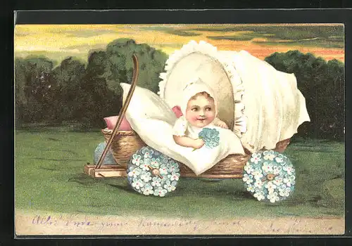 Präge-AK Kleinkind im Kinderwagen mit Blumenstrauss