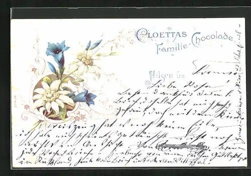AK Alpenblumen, Reklame für Cloettas Familie-Chocolat