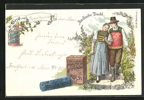 AK Badische Tracht, Paar in Tracht, Reklame für Seelig`s Malz-Kaffee