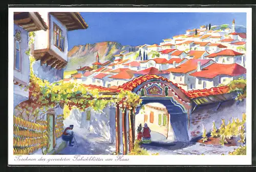 Künstler-AK Dupniza, Trocknen der geernteten Tabakblütter am Haus