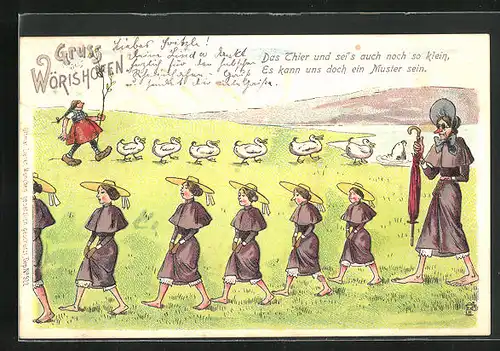 Lithographie Wörishofen, Frauen in einer Reihe und Enten