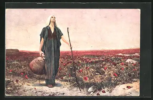 AK Blinde mit Stock und einem Krug an einer Blumenwiese