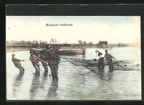 AK Balatoni halaszat, Fischer mit Netzen und Boot