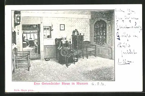 AK Husum, Frau am Spinnrad im Ostenfelder Haus