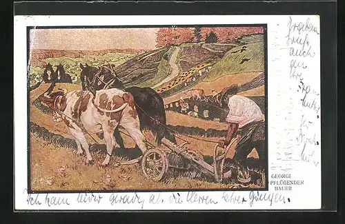 AK Bauer mit Ochsen- und Pferdepflug auf dem Feld