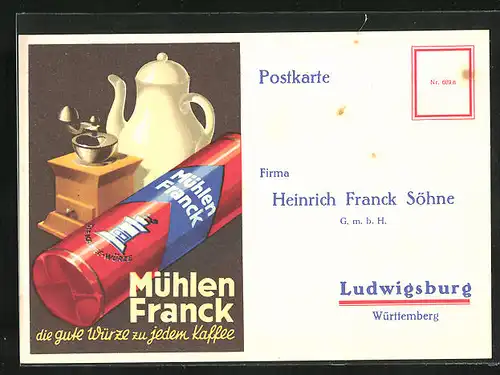 Künstler-AK Ludwigsburg /Württemberg, Kaffeemühle u. -Kanne, Reklame für Mühlen Franck Kaffee-Würze