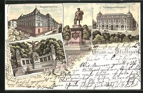 Lithographie Stuttgart, Baugewerkschule, Landesgewerbemuseum, Herzog Christoph Denkmal