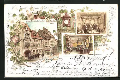 Lithographie Leipzig, Gasthaus Thüringer Hof, Innenansichten Corpsstübchen & Gute Stube