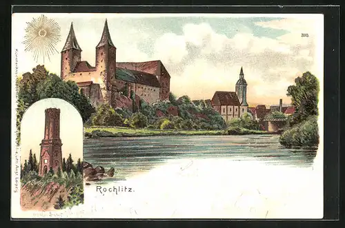 Goldfenster-AK Rochlitz, Blick zum Schloss, Turm
