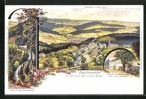 Künstler-AK Oberpfannenstiel, Gasthof zum Wilden Mann, Teilansicht mit Blick auf Aue i. sächs. Erzgeb., Gleesberg