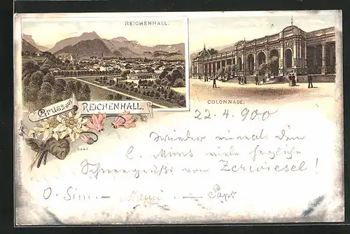 Lithographie Reichenhall, Teilansicht, Colonnade