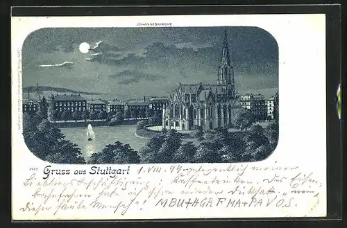 Lithographie Stuttgart, Johanneskirche bei Mondschein